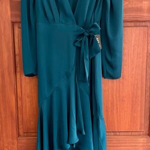Express Teal Wrap-Front Long Sleeve Midi Dress with Side Tie